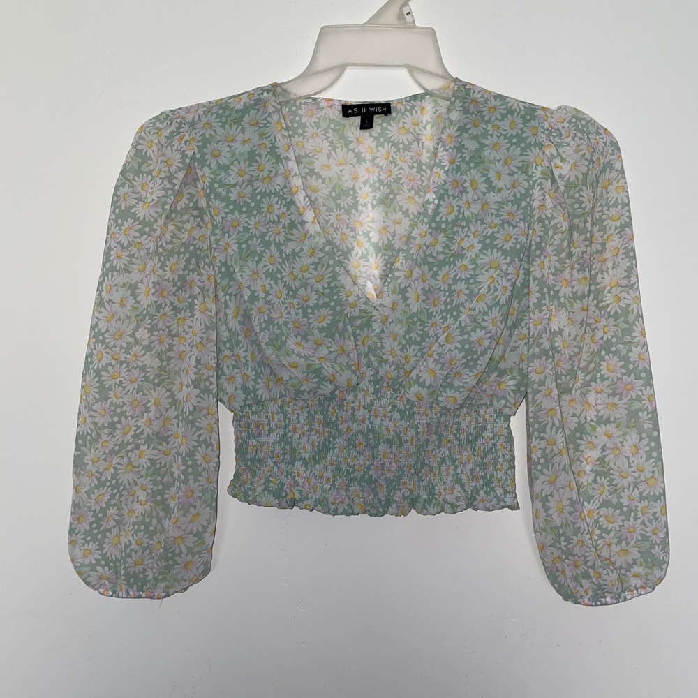 Cottagecore Sage Green Daisy Floral Smocked Crop Top V-Neck Balloon Sleeve Large
